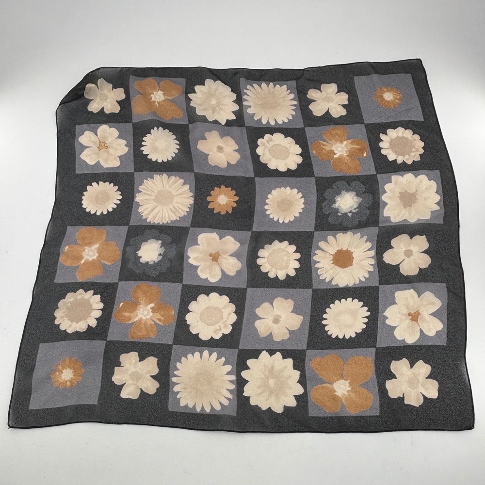 Floral Grid Sheer Rolled Edge Square‎ Scarf Black Grey Ochre Botanical 20x20